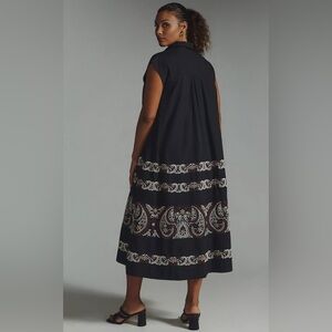 Anthropologie Shirt Dress M Embroidered Midi Swing Black Boho Embroidered Button